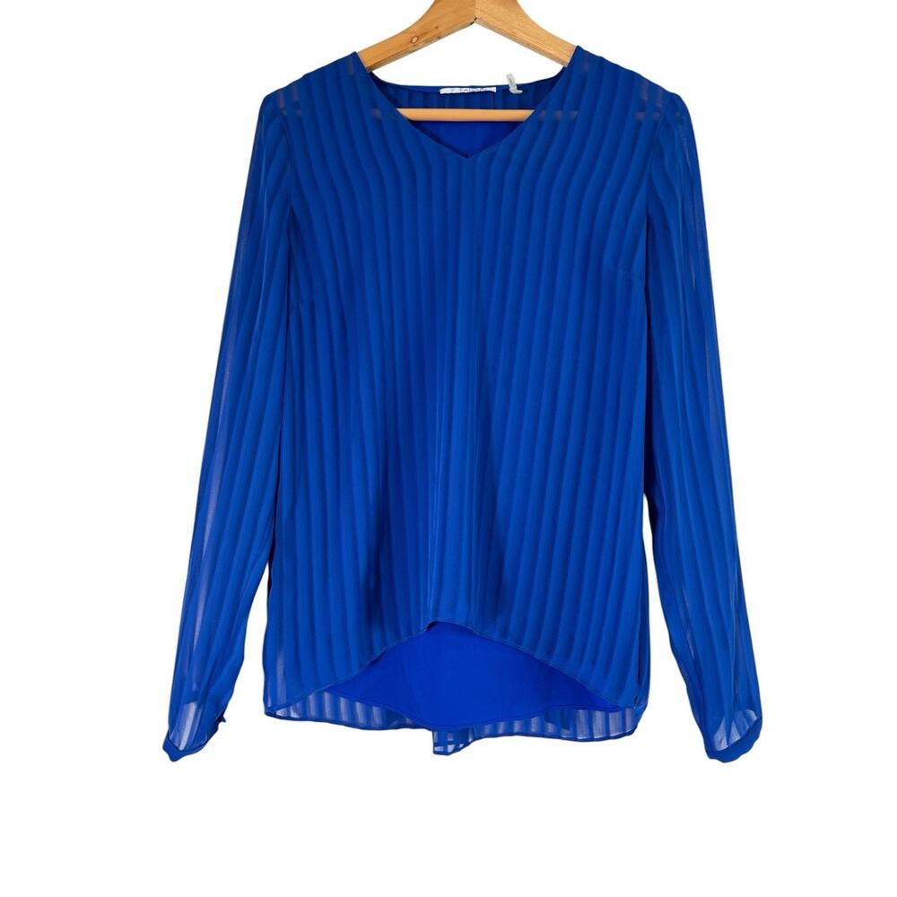 Tahari Women Tie Neck Long Sleeves Blouse Size S Deep Blue Lightweight Preppy